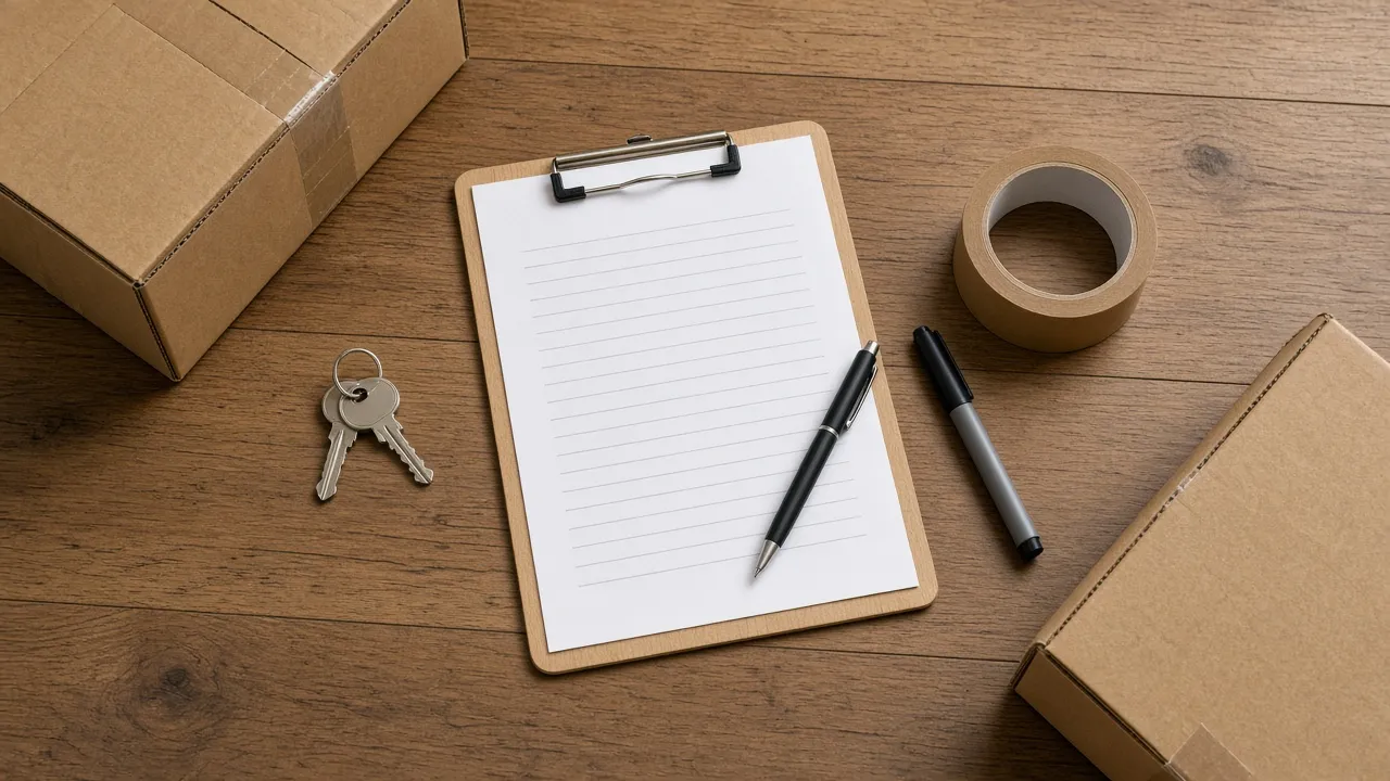 Clipboard checklist on top of packed boxes in an empty room