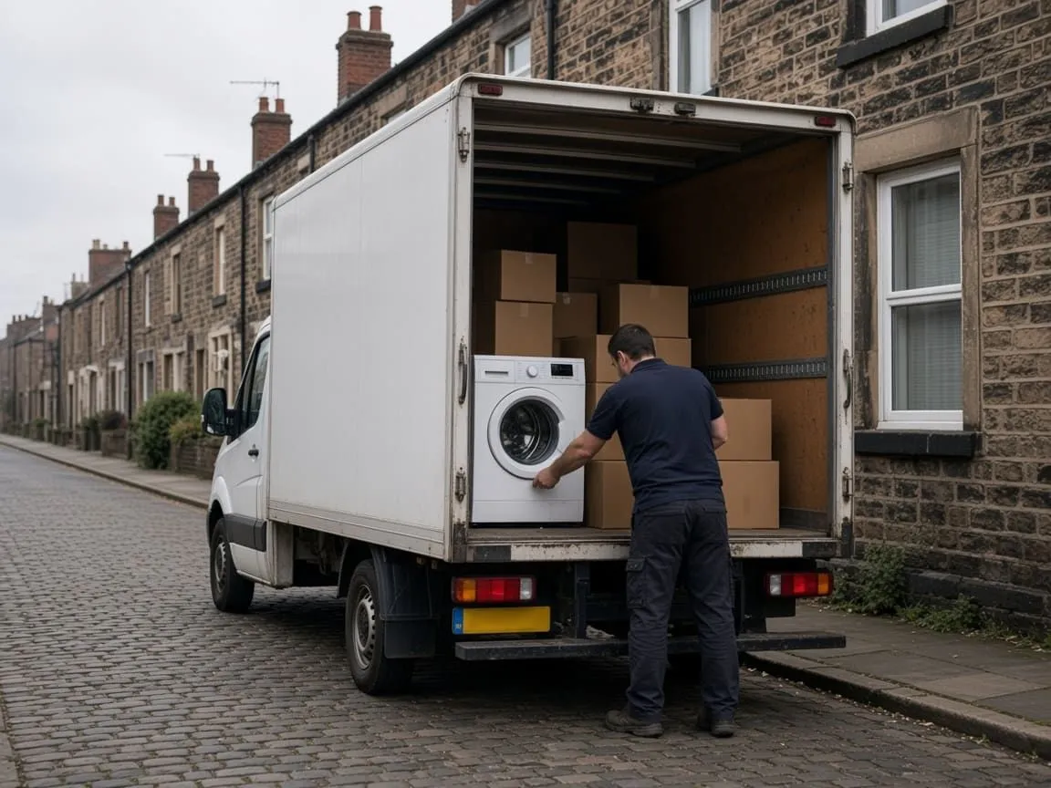 Luton box van being loaded on a terraced street