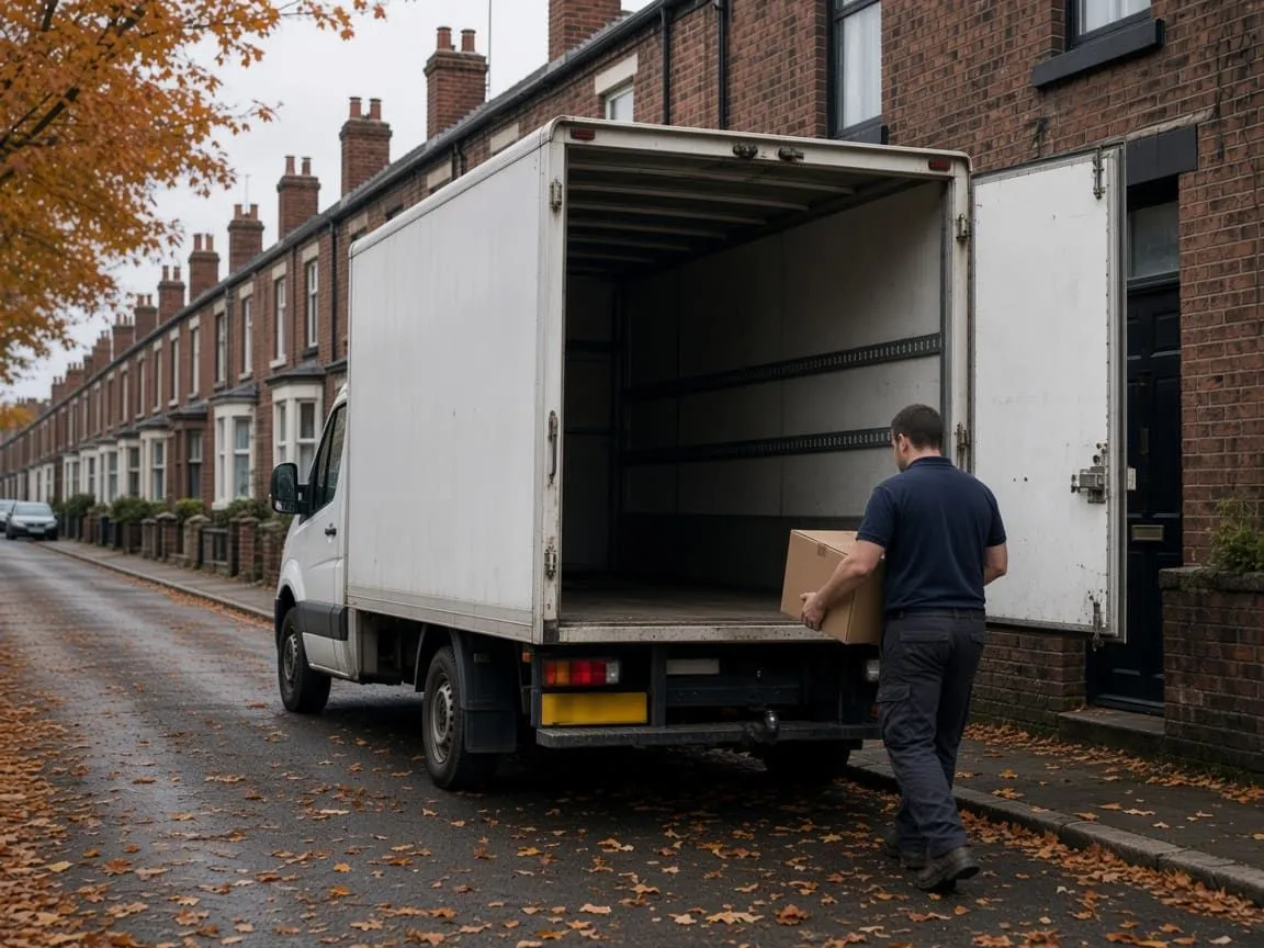 Crew member carrying a box to a Luton van outside a brick terrace